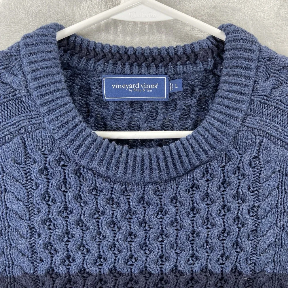Vineyard Vines Sweater men's Large Chunky Knit Merino Wool Cotton Crew Neck Blue - Picture 3 of 11